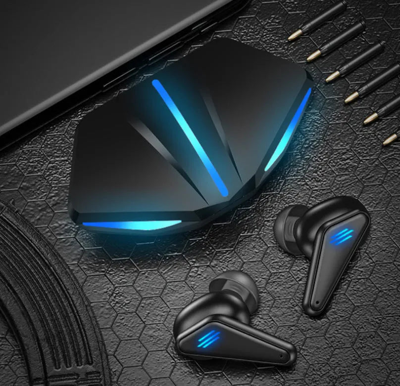 Private Model K55 blue wireless Bluetooth gaming headset earbuds with low latency and battery display features