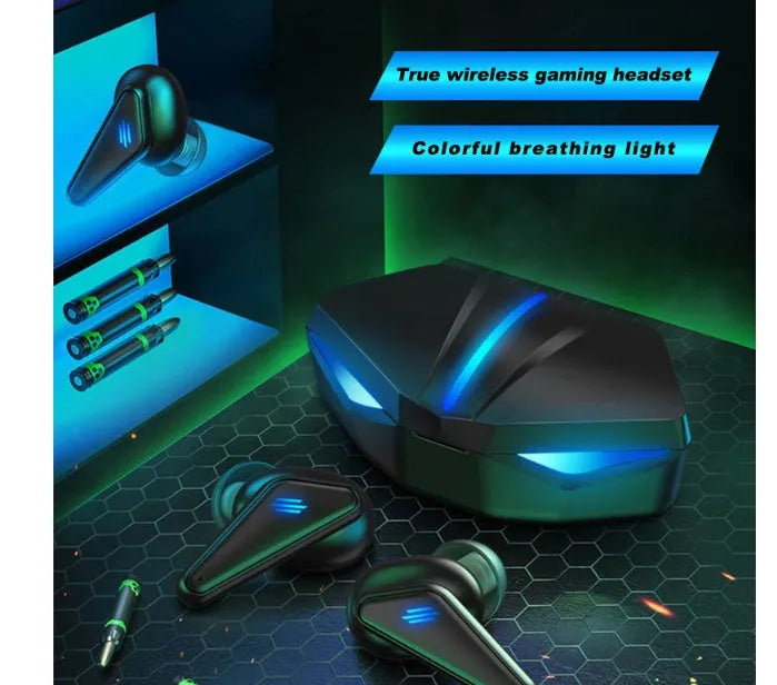 Private Model K55 blue wireless Bluetooth gaming headset earbuds with low latency and battery display features