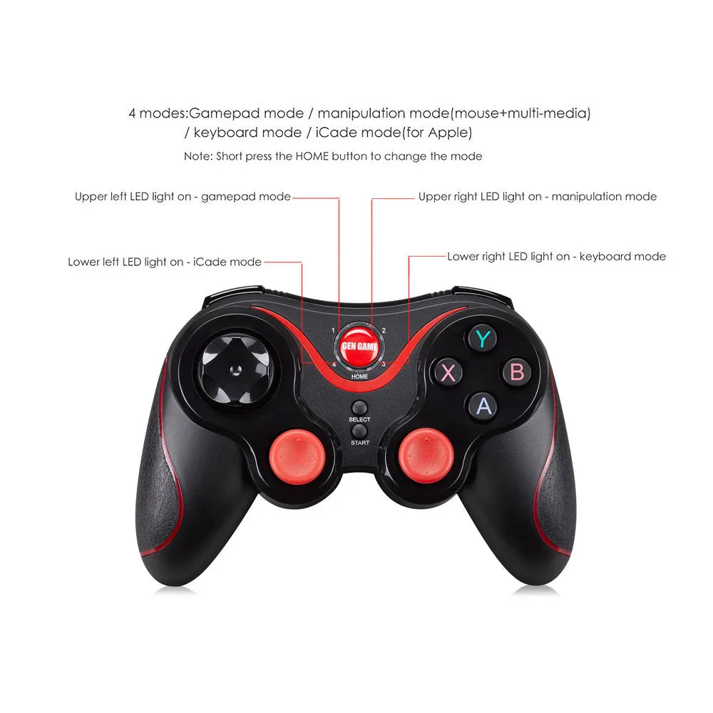 Black wireless Bluetooth gamepad controller for Android and iOS mobile phones on a table.