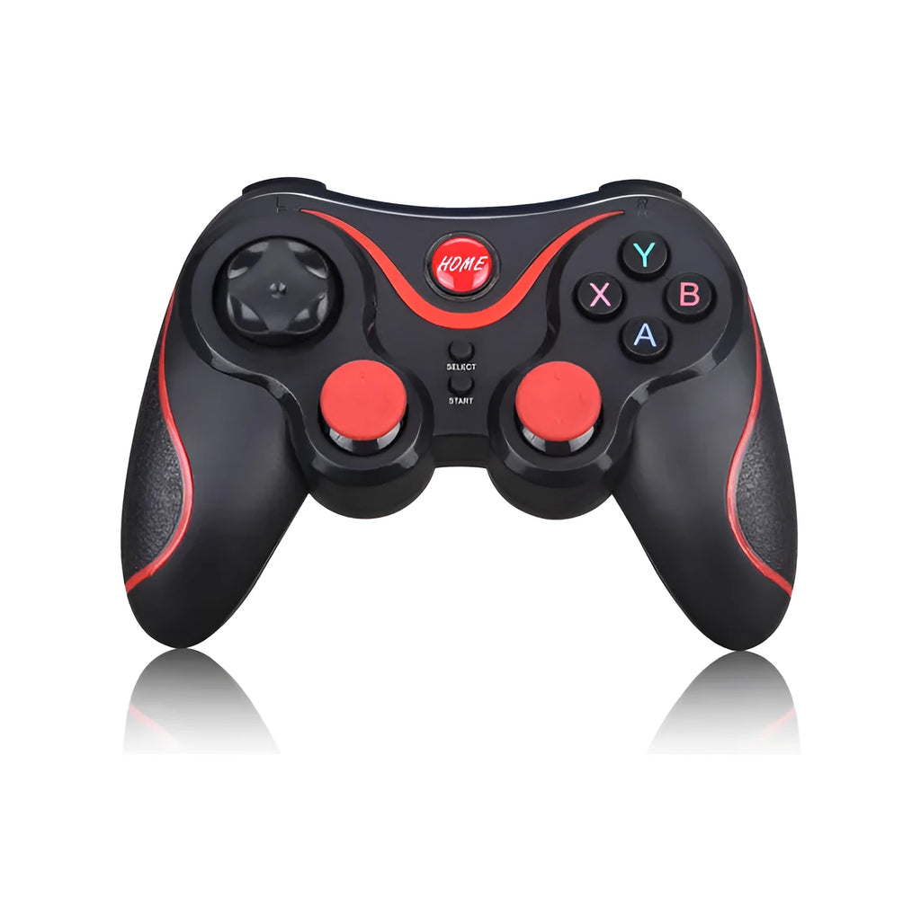 Black wireless Bluetooth gamepad controller for Android and iOS mobile phones on a table.