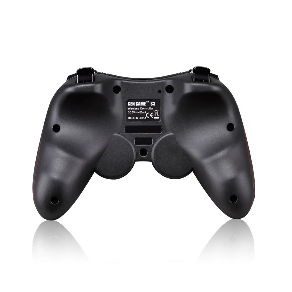 Black wireless Bluetooth gamepad controller for Android and iOS mobile phones on a table.