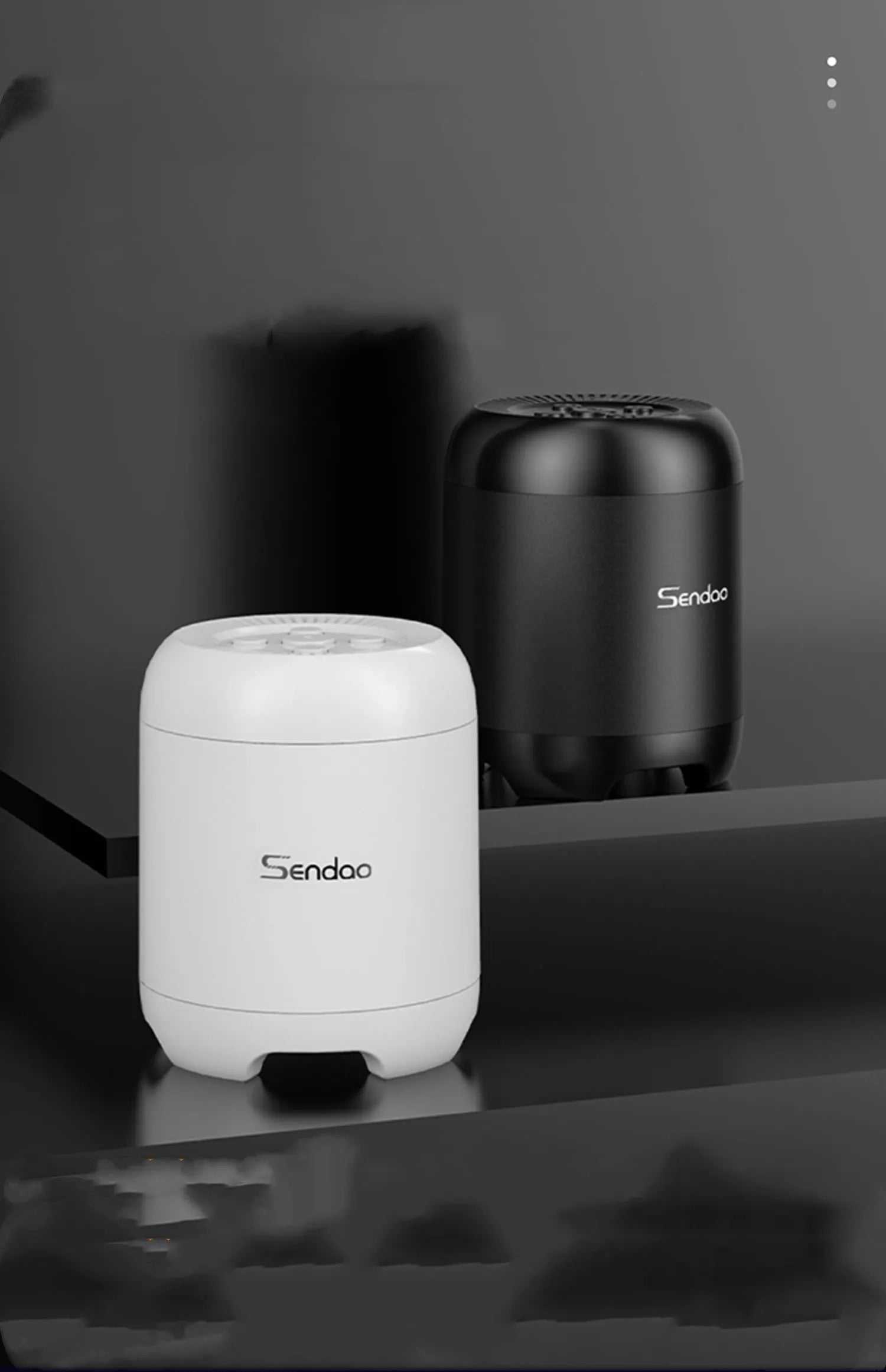 Small black or white portable Bluetooth speaker with a subwoofer, showing compact size.