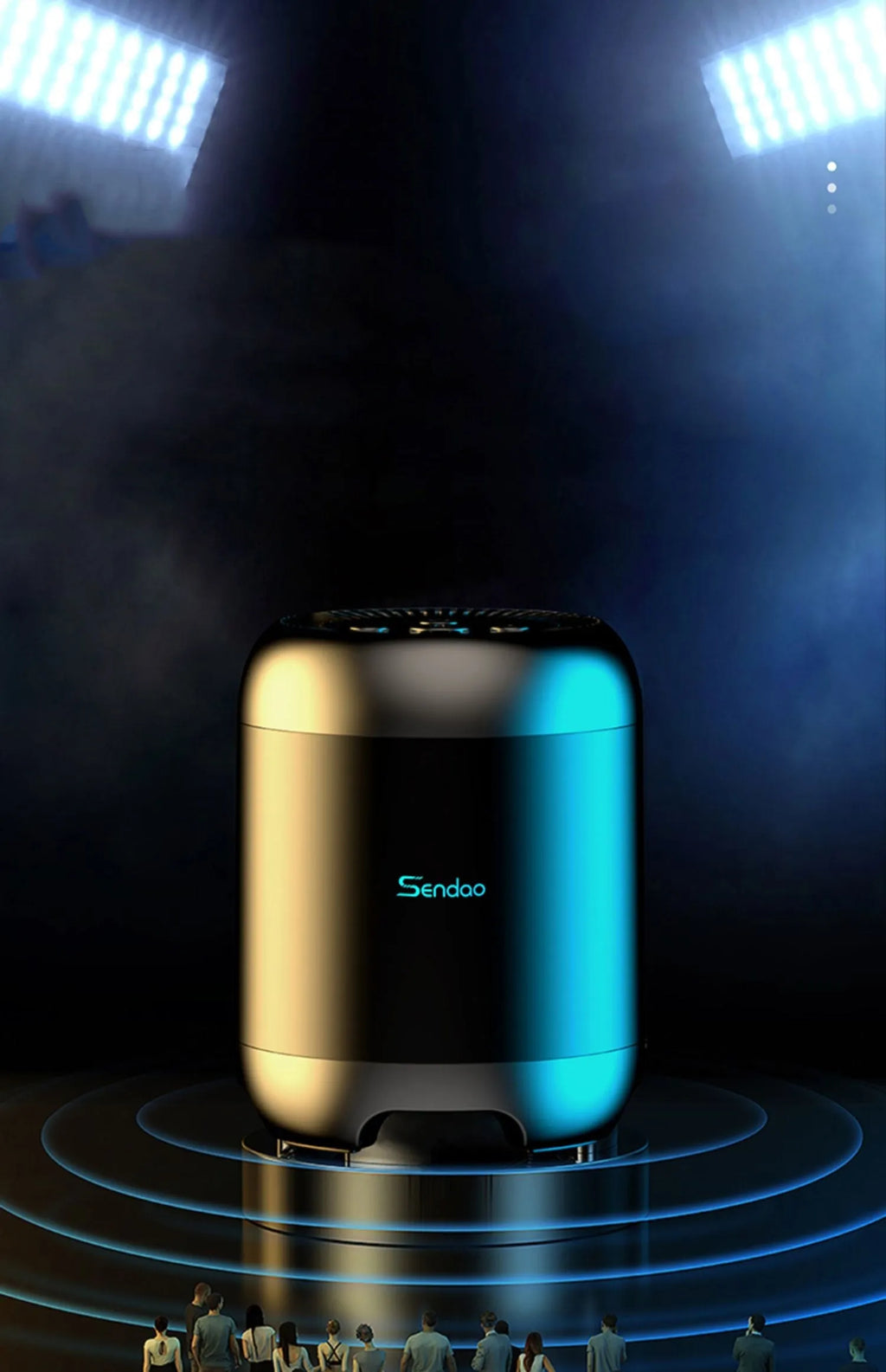 Small black or white portable Bluetooth speaker with a subwoofer, showing compact size.