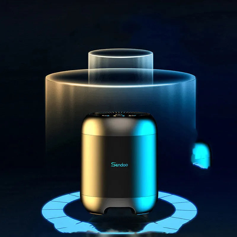 Small black or white portable Bluetooth speaker with a subwoofer, showing compact size.