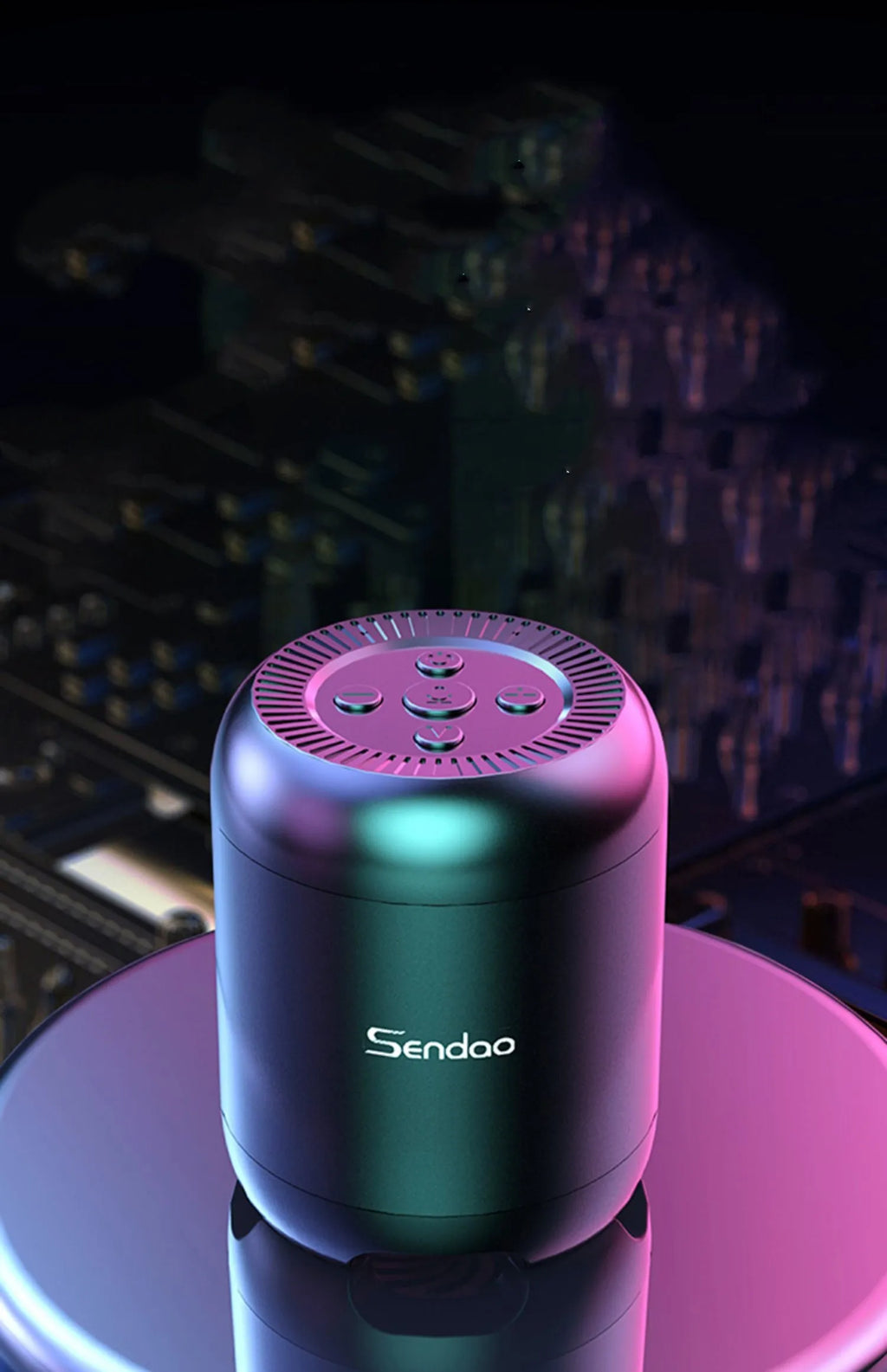 Small black or white portable Bluetooth speaker with a subwoofer, showing compact size.