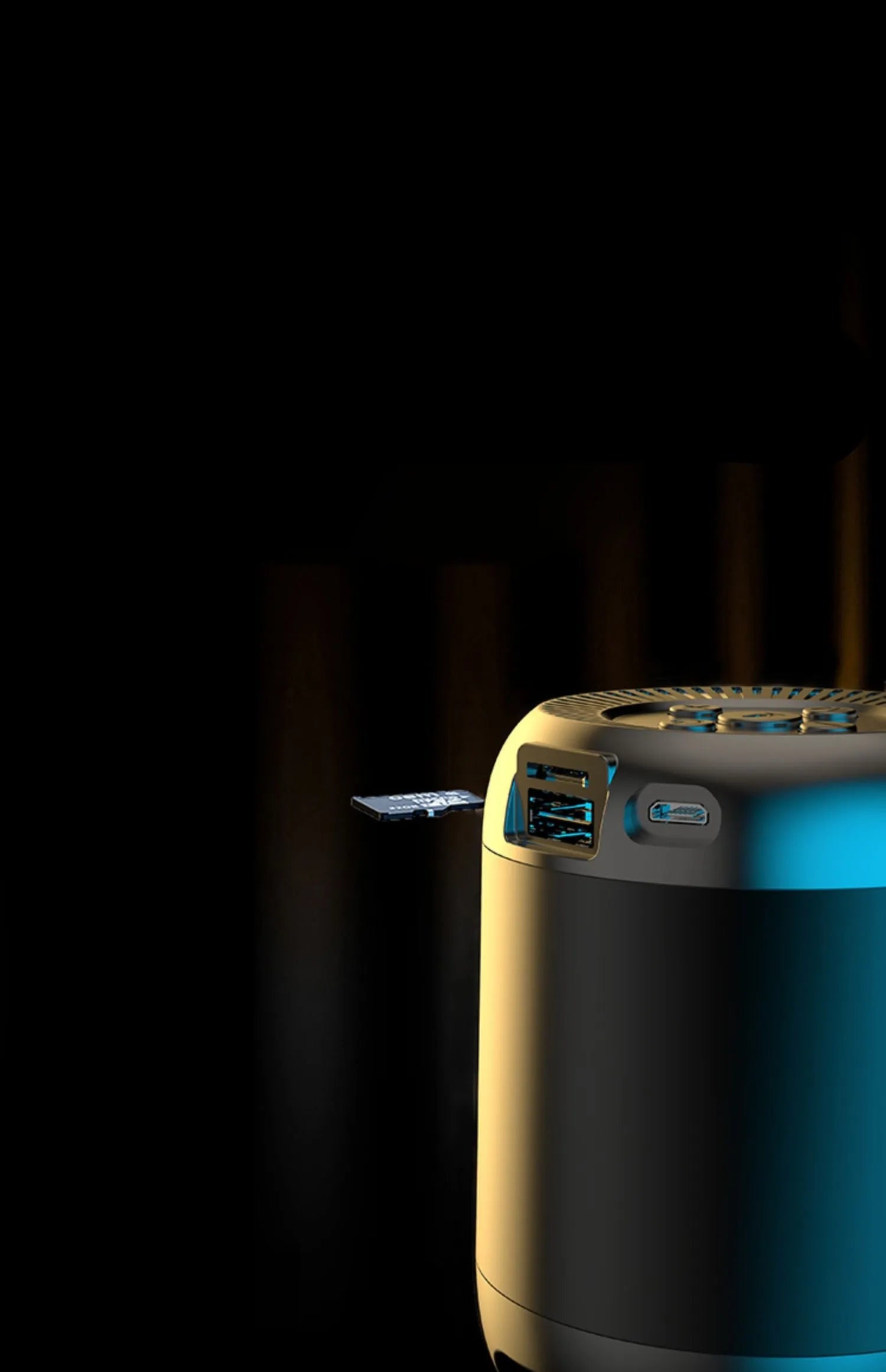 Small black or white portable Bluetooth speaker with a subwoofer, showing compact size.