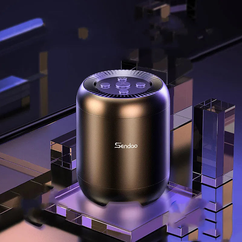 Small black or white portable Bluetooth speaker with a subwoofer, showing compact size.