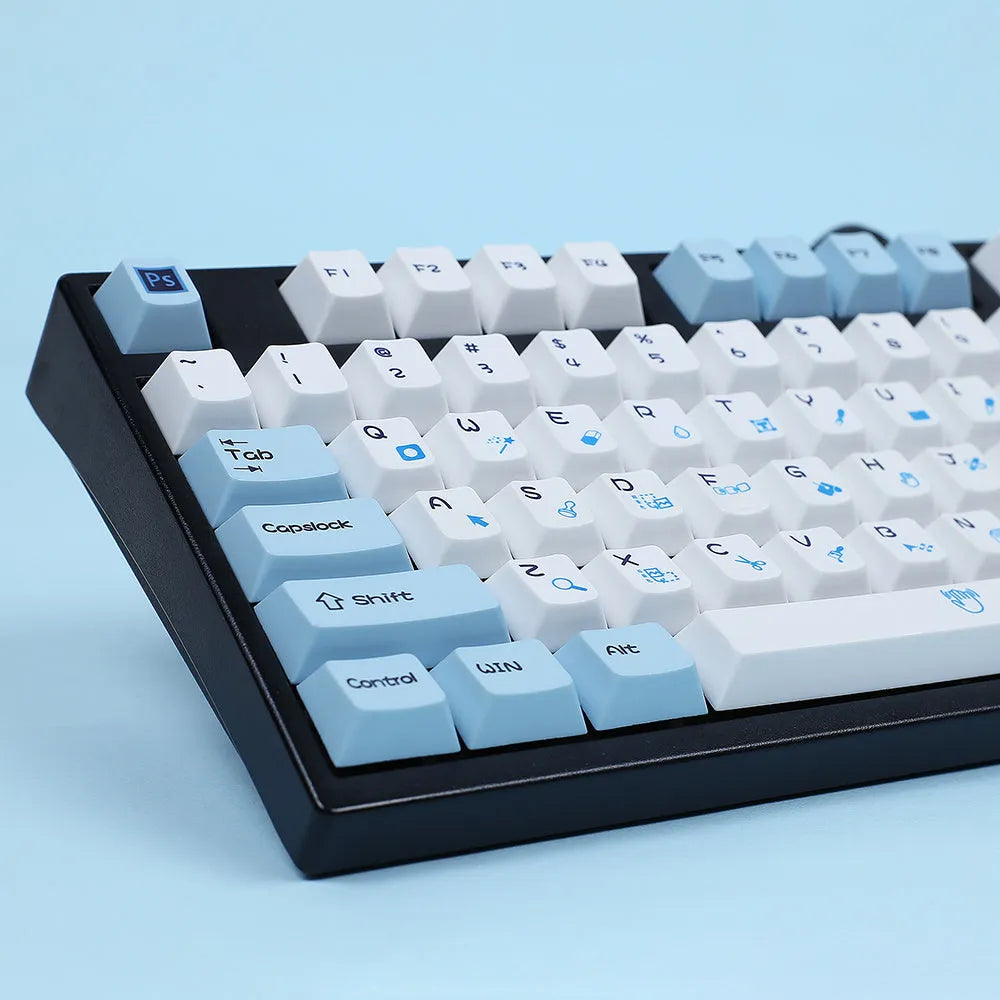 PlayStation theme DIY mechanical keyboard keycaps with blue and white colour scheme and supplementary RGBK colour keys