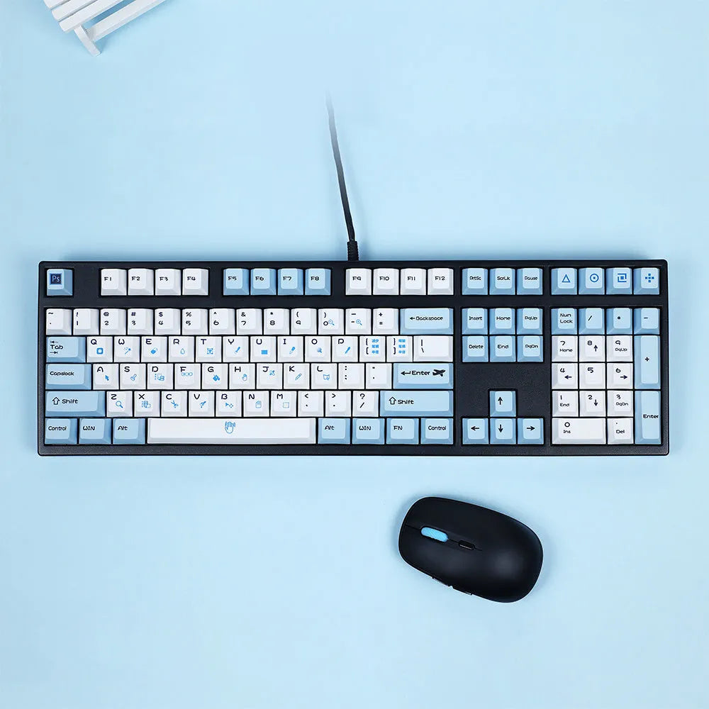PlayStation theme DIY mechanical keyboard keycaps with blue and white colour scheme and supplementary RGBK colour keys