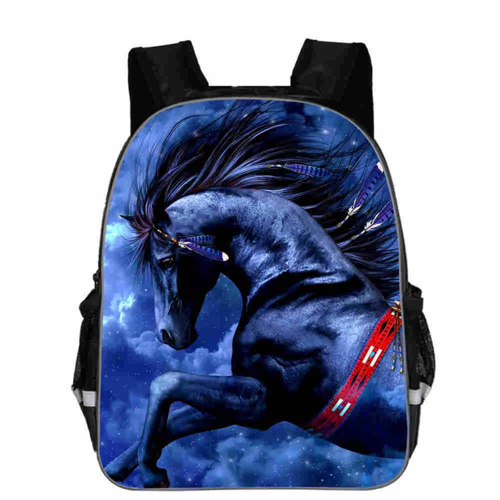 Horse head cartoon design school backpack with lightning print and multiple size options