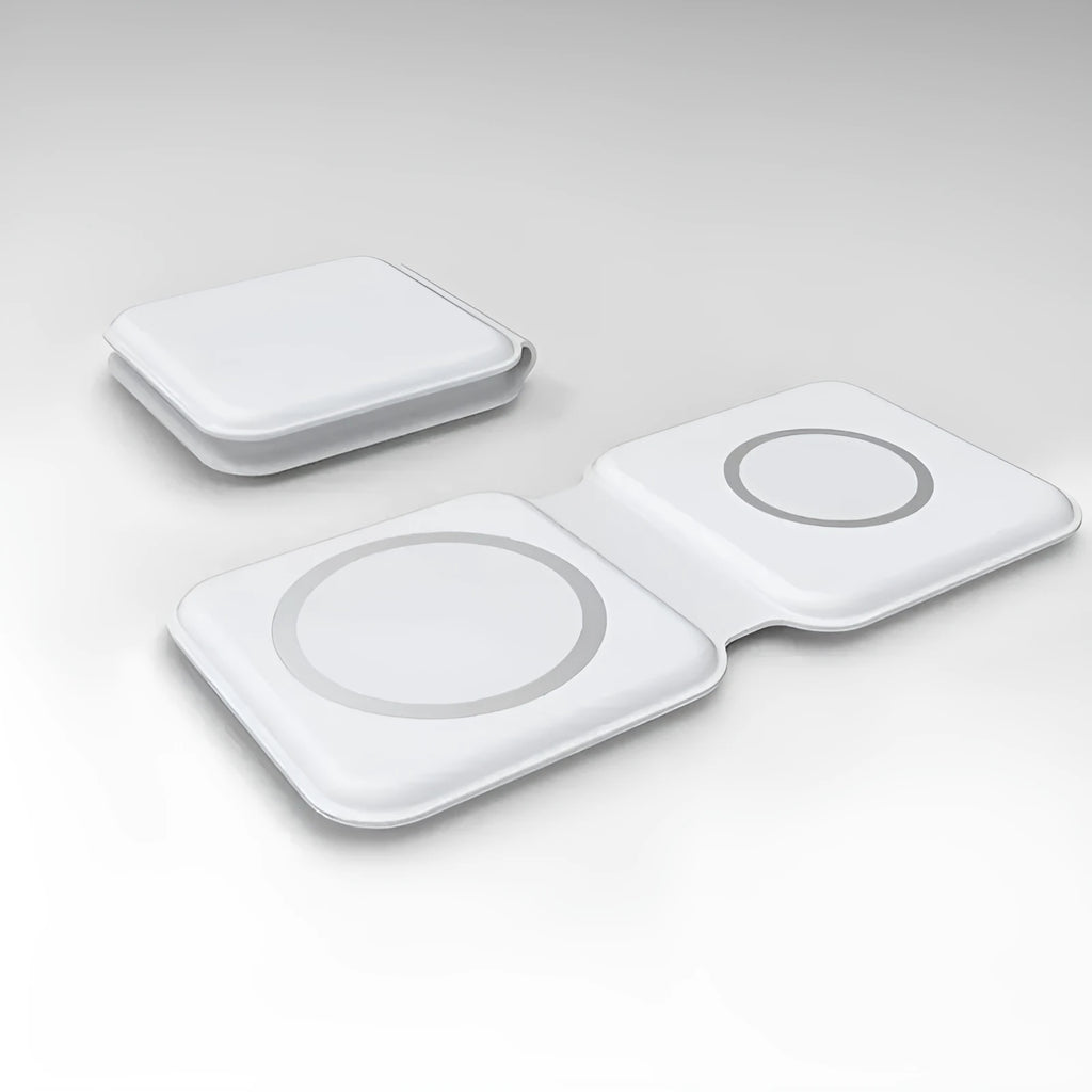 White folding magnetic wireless charger showing angled stand position with phone charging
