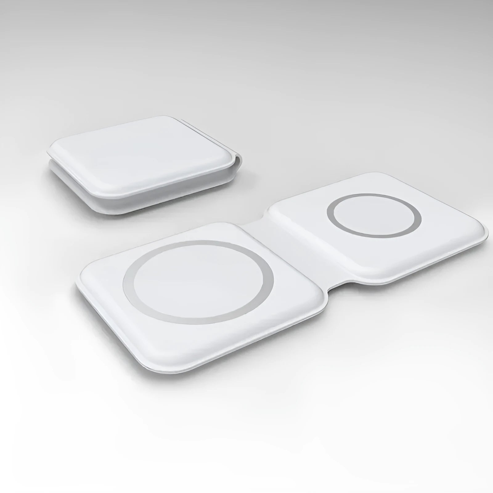 White folding magnetic wireless charger showing angled stand position with phone charging