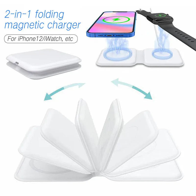 White folding magnetic wireless charger showing angled stand position with phone charging
