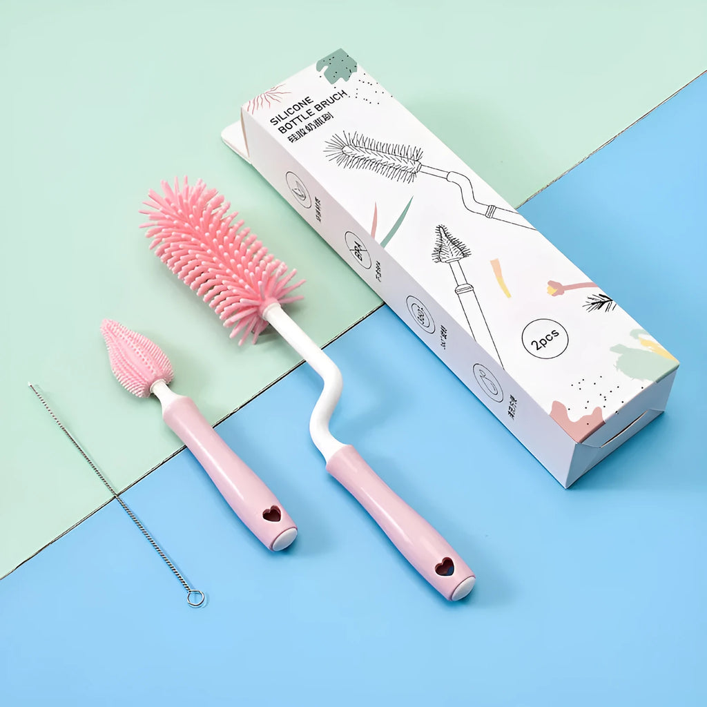Silicone baby bottle brush set with straw cleaning brush in blue, pink, yellow colours