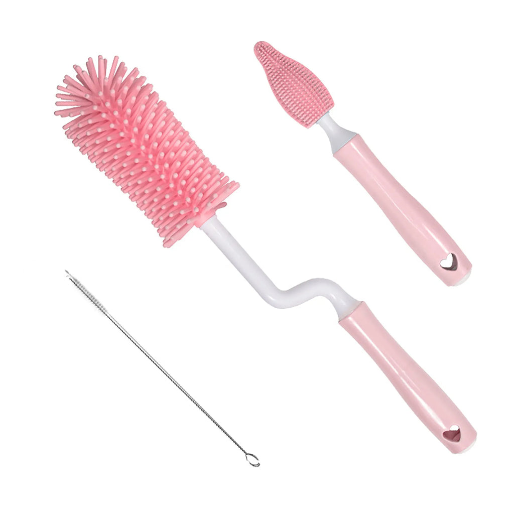 Silicone baby bottle brush set with straw cleaning brush in blue, pink, yellow colours