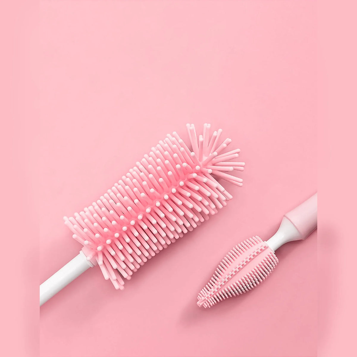 Silicone baby bottle brush set with straw cleaning brush in blue, pink, yellow colours