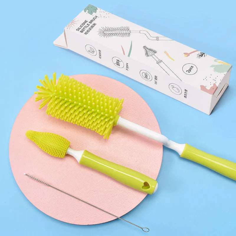 Silicone baby bottle brush set with straw cleaning brush in blue, pink, yellow colours