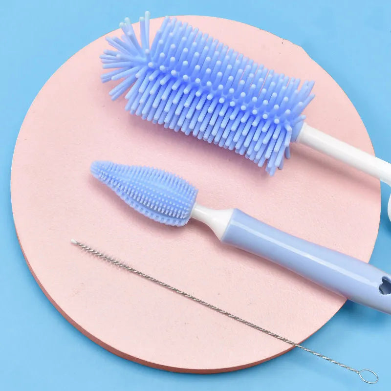 Silicone baby bottle brush set with straw cleaning brush in blue, pink, yellow colours