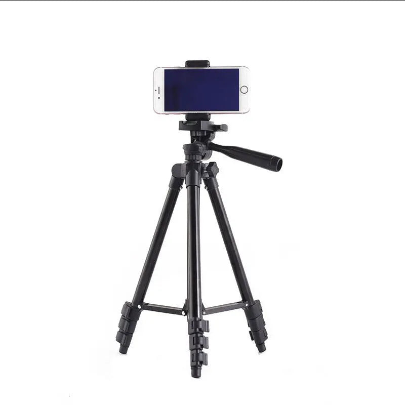 Black aluminium alloy portable tripod with 4-section legs and 3D head, shown extended