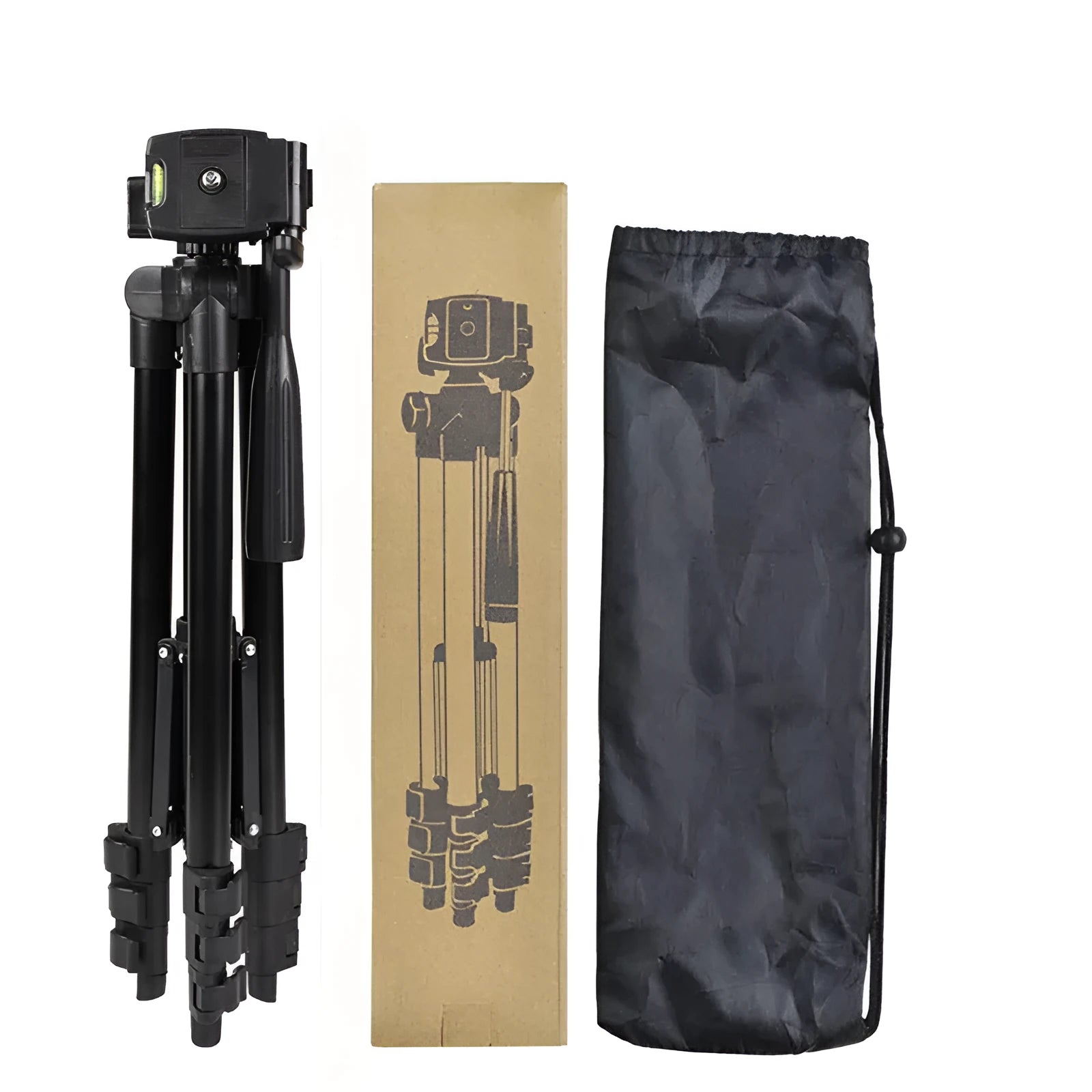 Black aluminium alloy portable tripod with 4-section legs and 3D head, shown extended