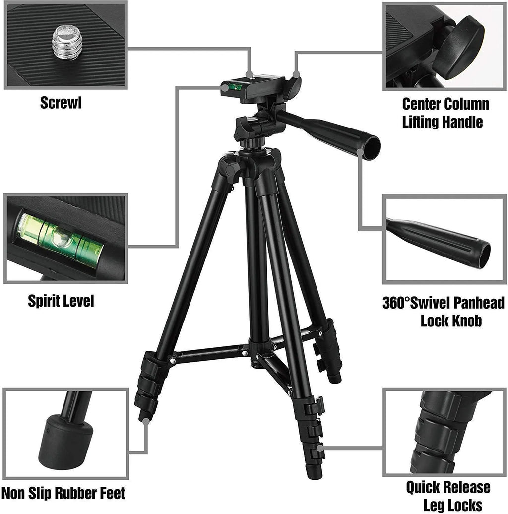 Black aluminium alloy portable tripod with 4-section legs and 3D head, shown extended