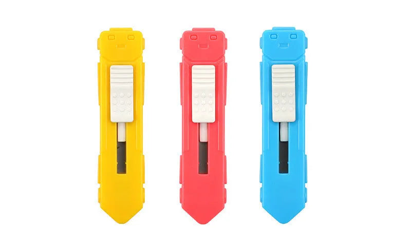 Cartoon art knife with open box design showing plastic and metal construction