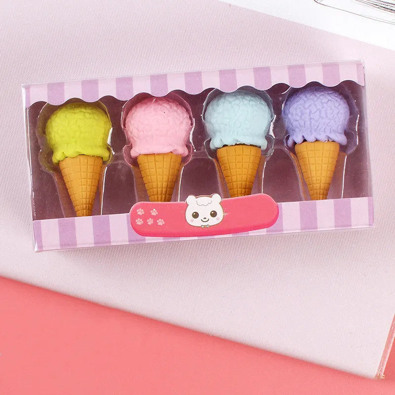 Cartoon eraser gift set with ice cream, doughnut, and lollipop designs for kindergarten children