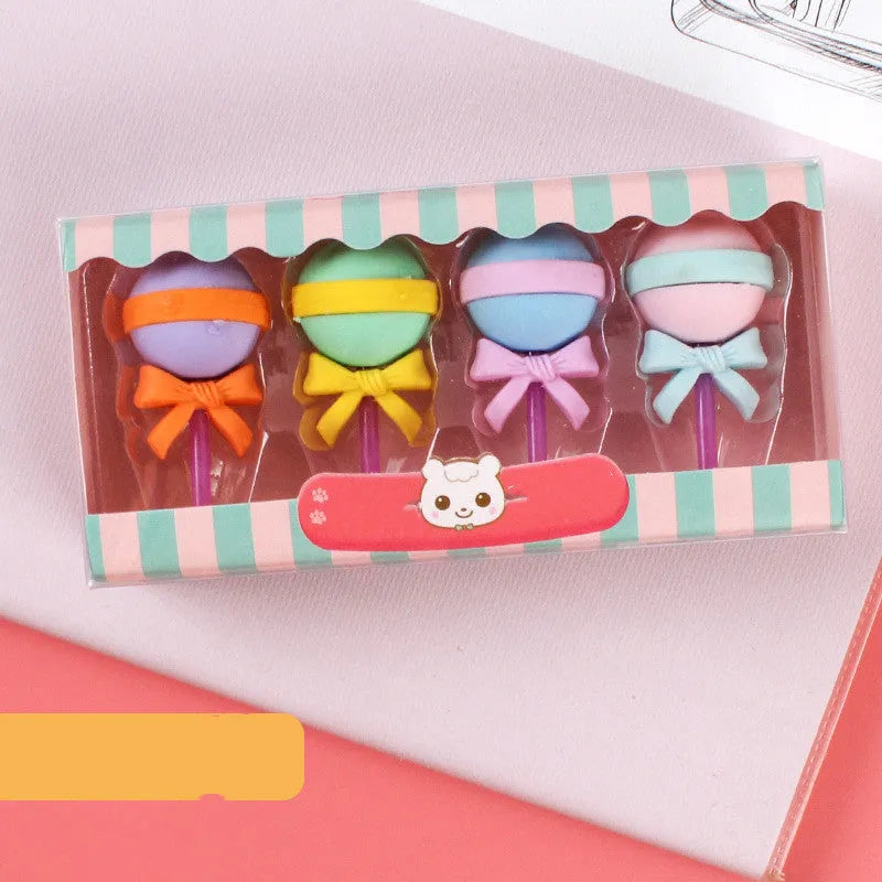 Cartoon eraser gift set with ice cream, doughnut, and lollipop designs for kindergarten children