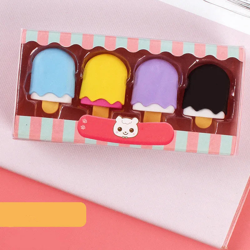 Cartoon eraser gift set with ice cream, doughnut, and lollipop designs for kindergarten children