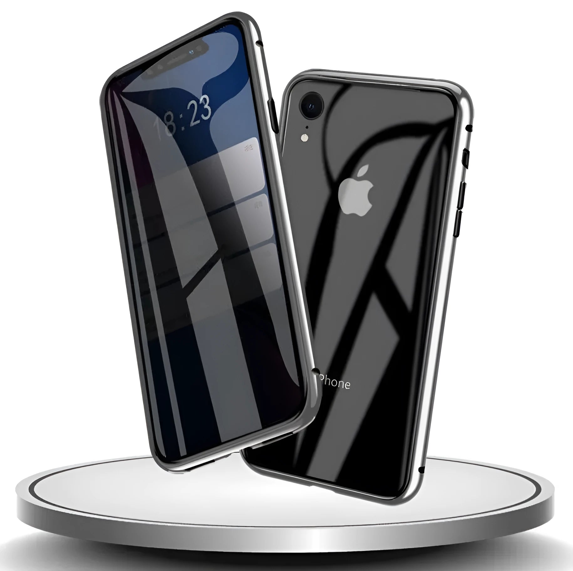 Black glass clamshell anti-spy phone case with a geometric pattern for iPhone.