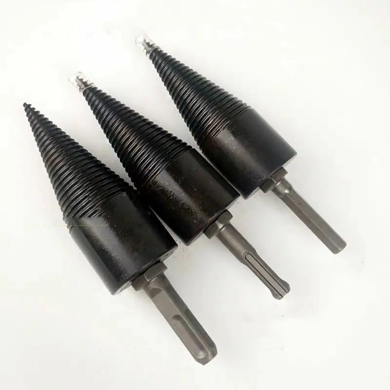 Hexagonal shank firewood splitting drill bit for electric drills and hammers in 32mm and 42mm sizes.