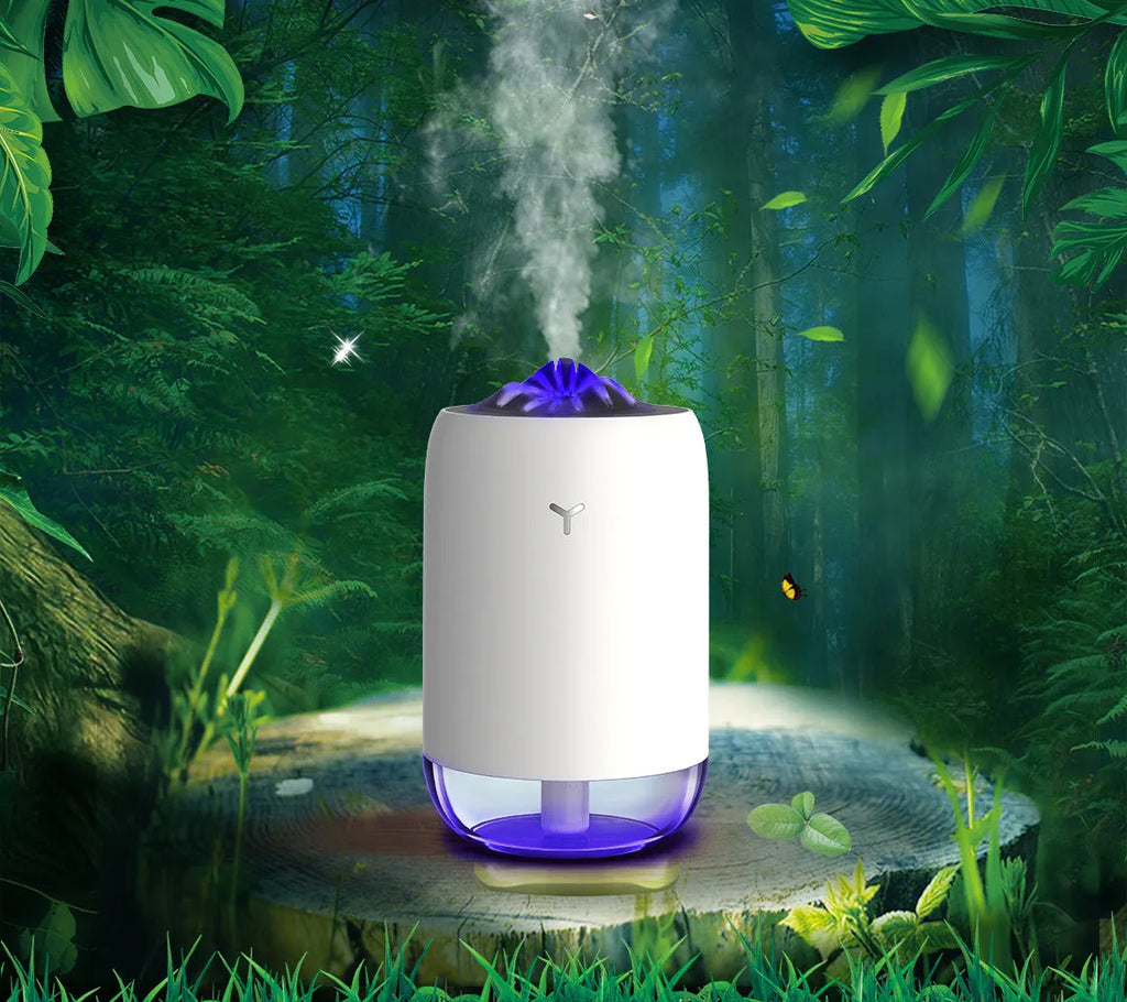 Magic Flame columnar ultrasonic humidifier and essential oil diffuser in white, light blue, or pink