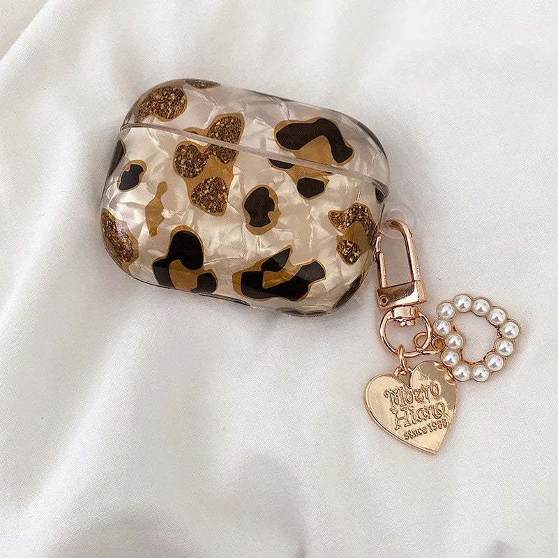 Shell yellow leopard print soft TPU flip case for Apple AirPods with optional decorative charms