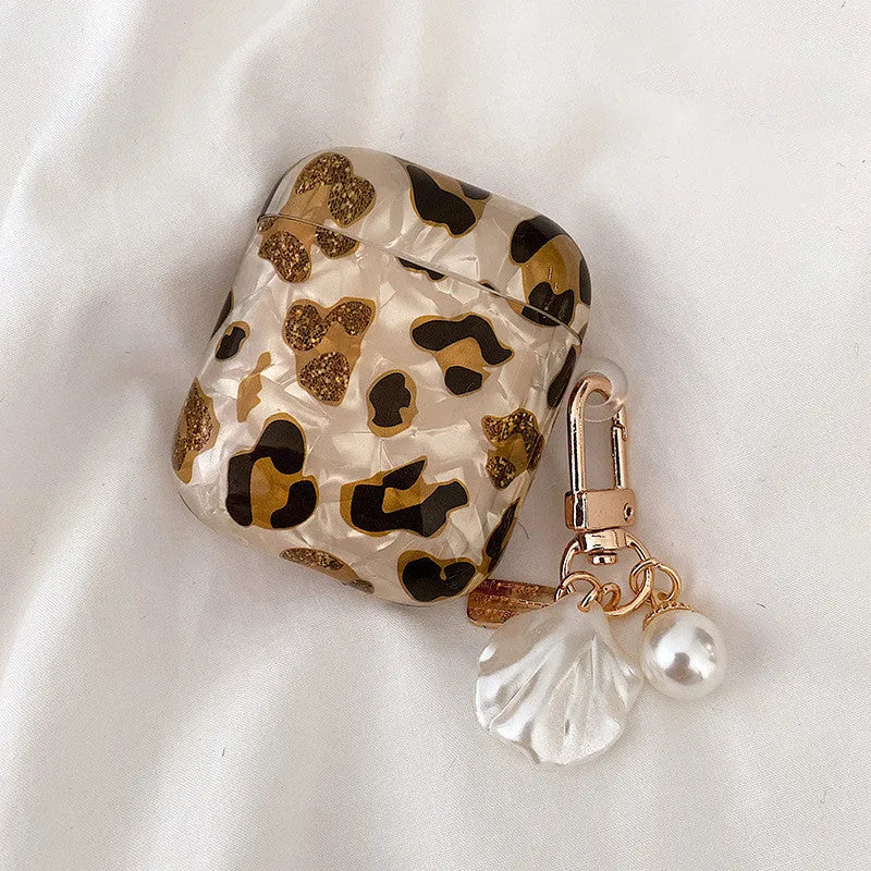 Shell yellow leopard print soft TPU flip case for Apple AirPods with optional decorative charms