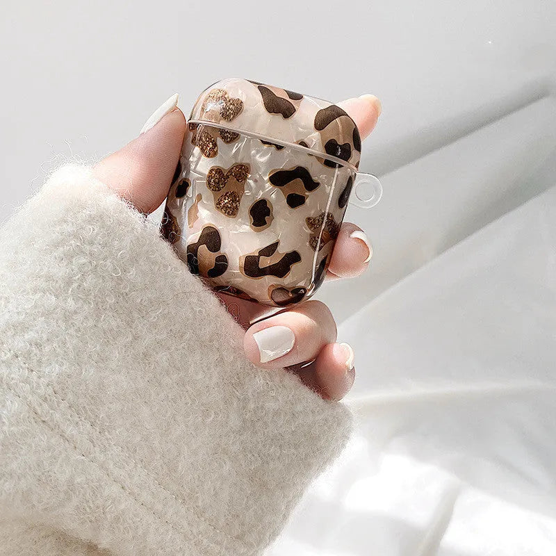 Shell yellow leopard print soft TPU flip case for Apple AirPods with optional decorative charms