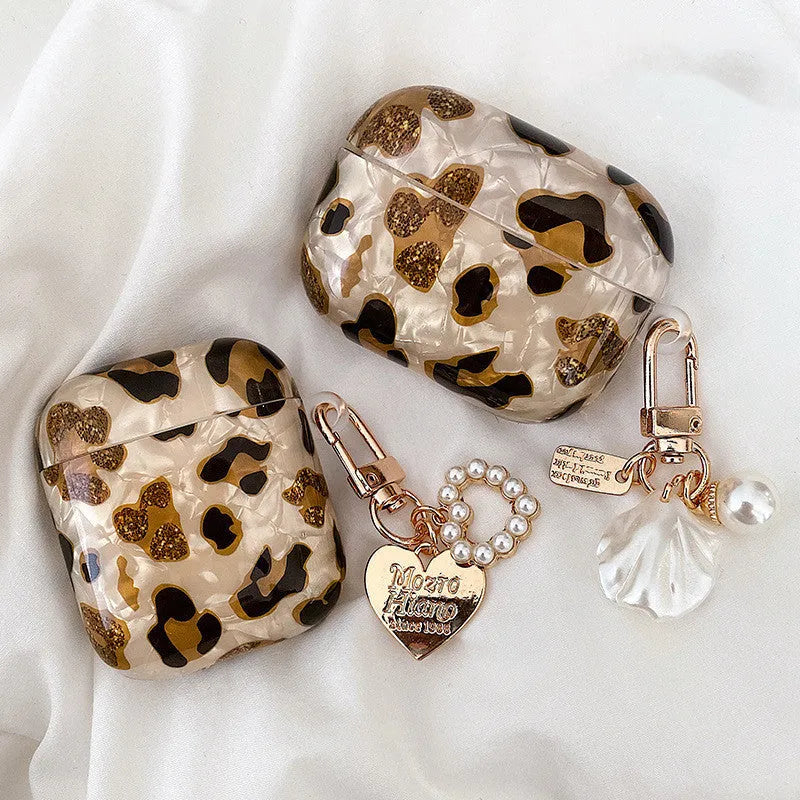 Shell yellow leopard print soft TPU flip case for Apple AirPods with optional decorative charms