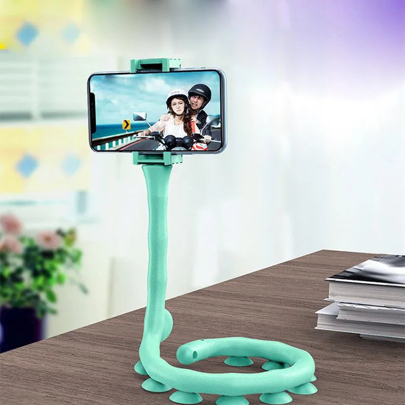 Flexible lazy bracket phone holder with extended 62cm arm showing 360° rotation capability