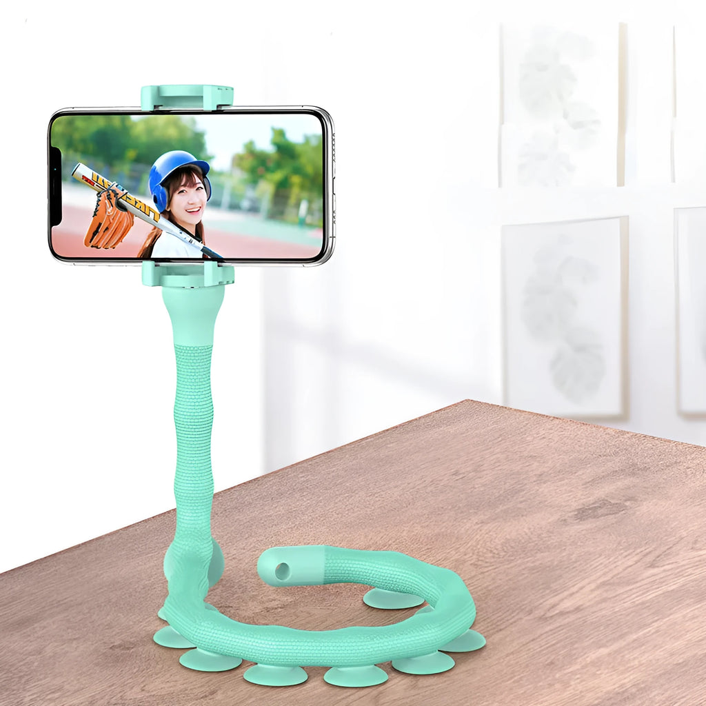 Flexible lazy bracket phone holder with extended 62cm arm showing 360° rotation capability