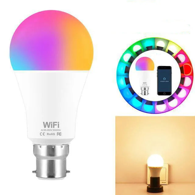 15W WiFi smart LED light bulb with E27 screw base showing RGB colour change