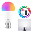 15W WiFi smart LED light bulb with E27 screw base showing RGB colour change