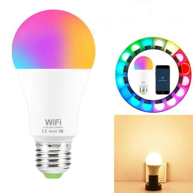 15W WiFi smart LED light bulb with E27 screw base showing RGB colour change