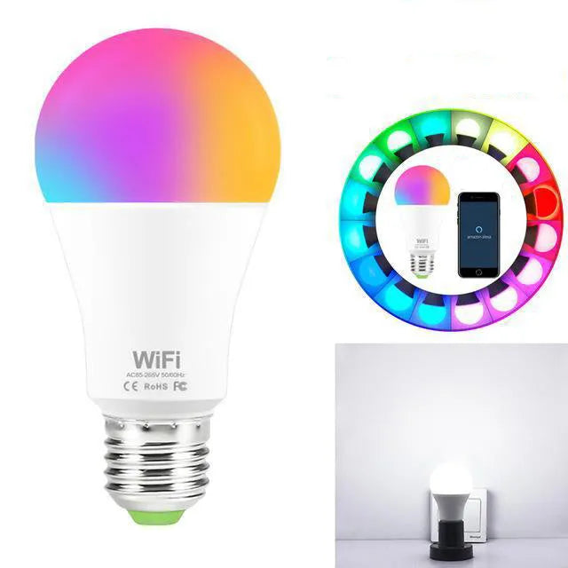 15W WiFi smart LED light bulb with E27 screw base showing RGB colour change