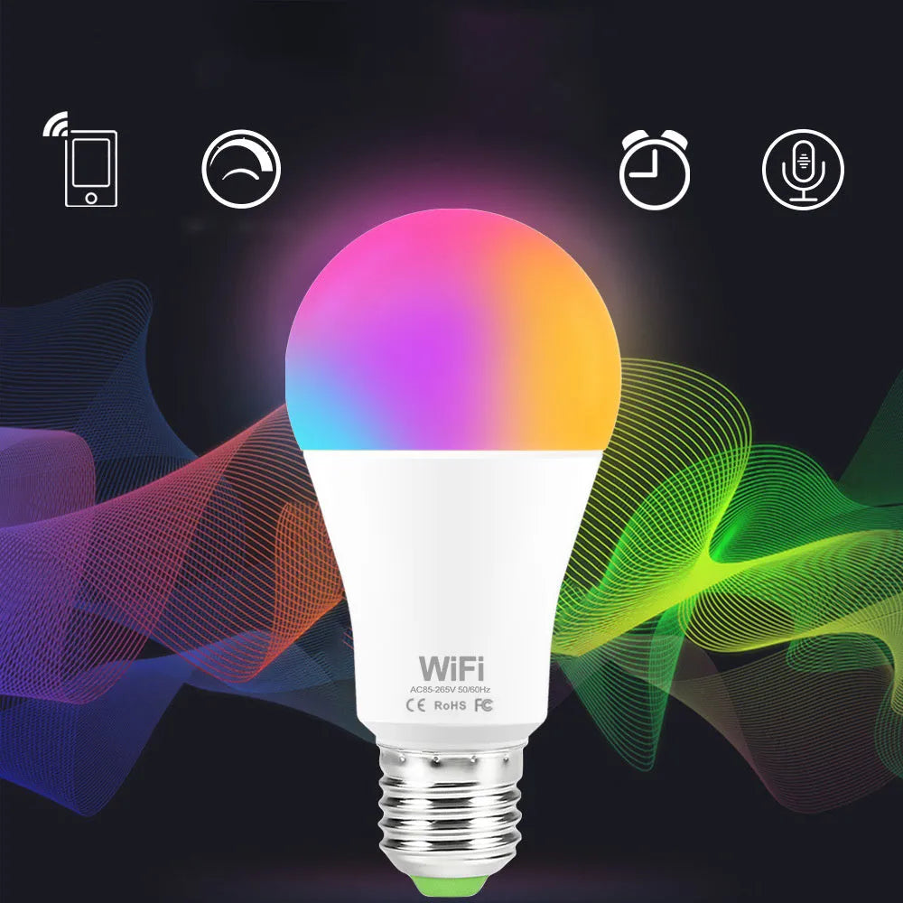 15W WiFi smart LED light bulb with E27 screw base showing RGB colour change