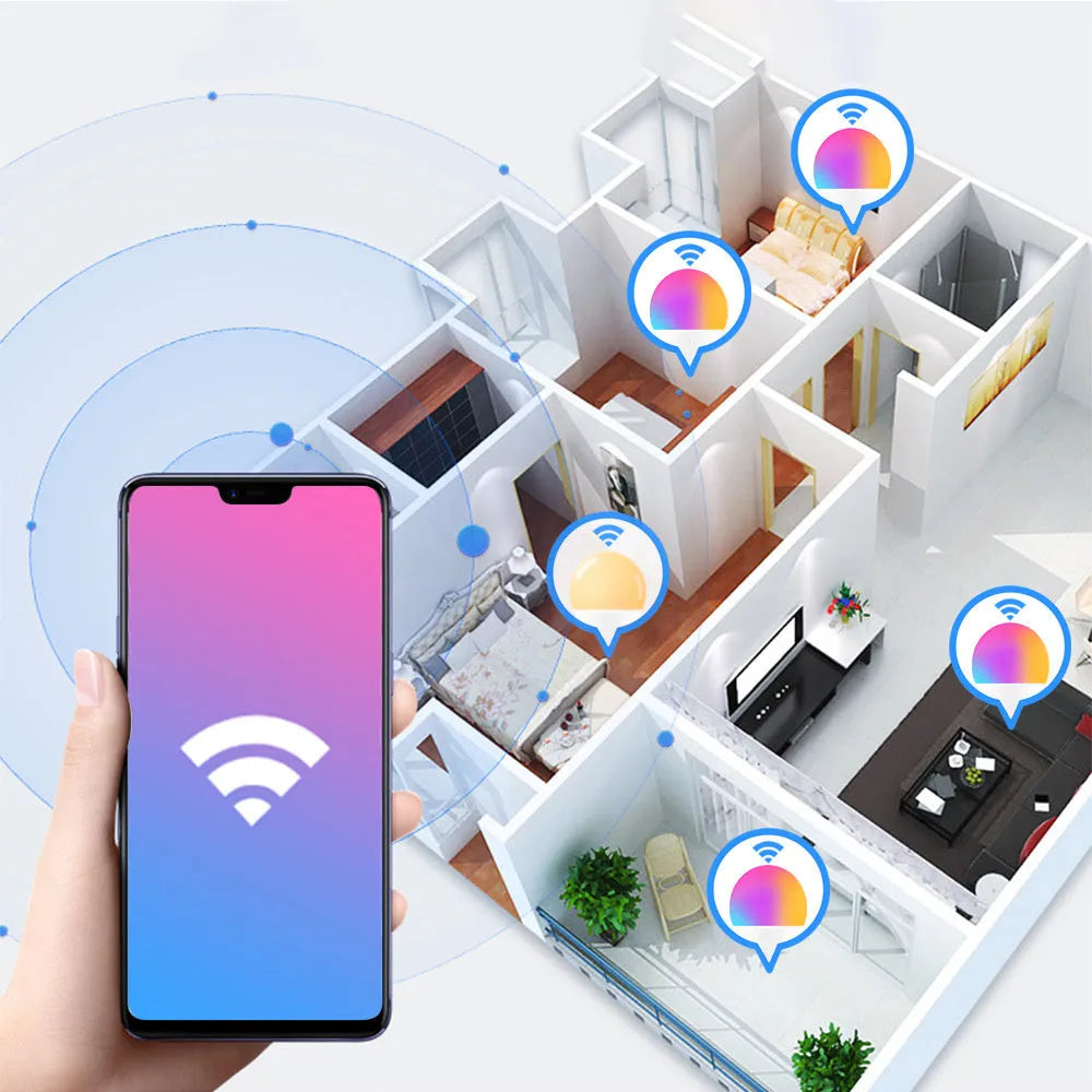 15W WiFi smart LED light bulb with E27 screw base showing RGB colour change