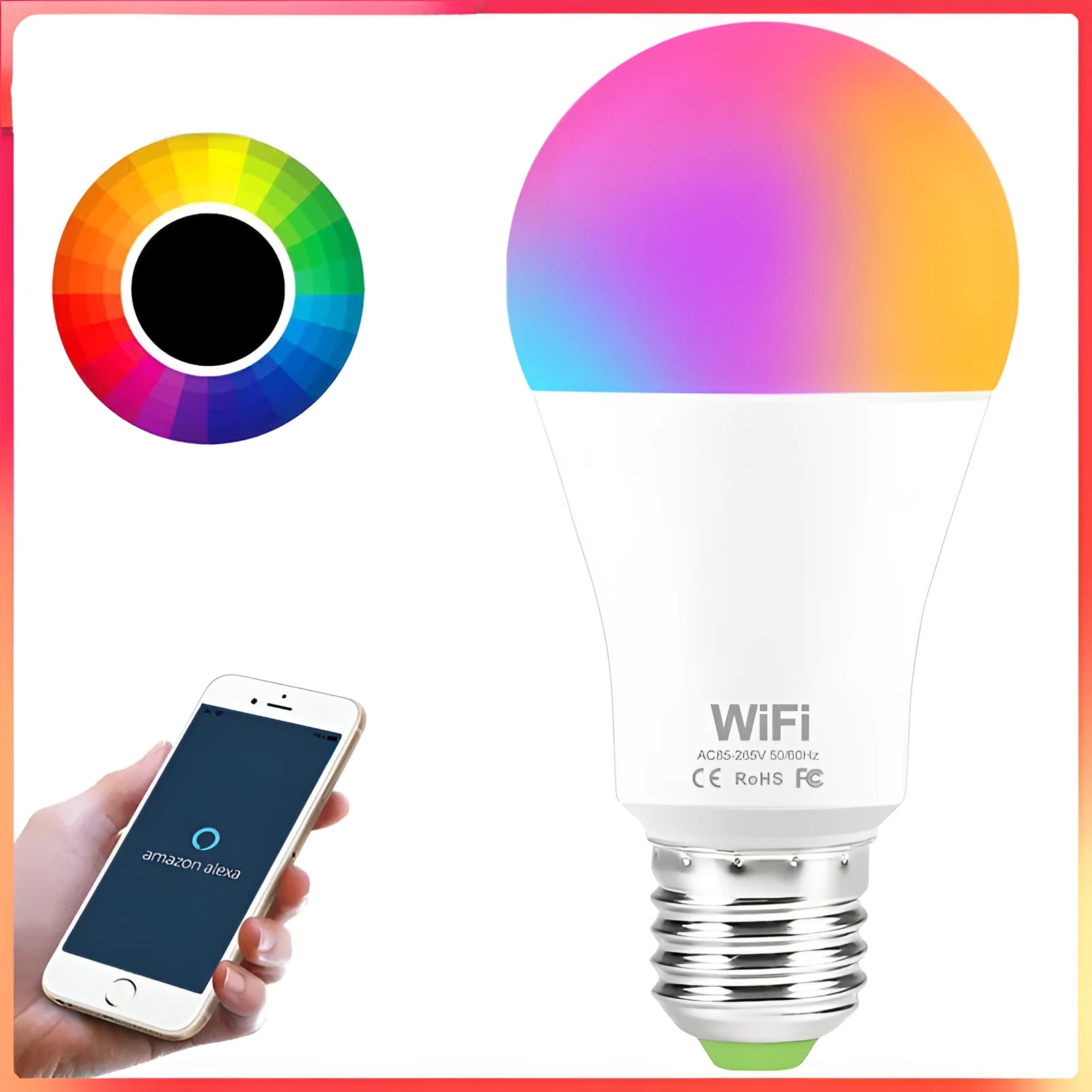 15W WiFi smart LED light bulb with E27 screw base showing RGB colour change