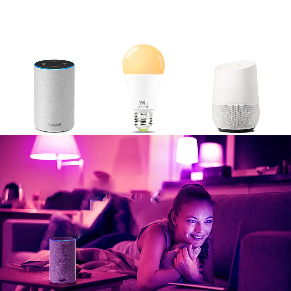 15W WiFi smart LED light bulb with E27 screw base showing RGB colour change