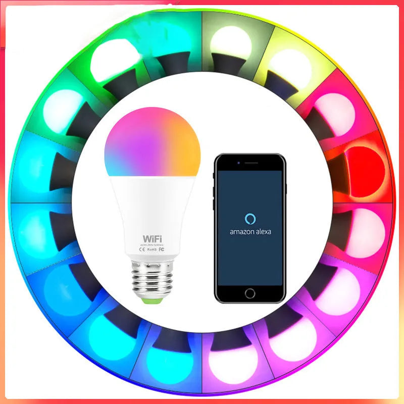 15W WiFi smart LED light bulb with E27 screw base showing RGB colour change
