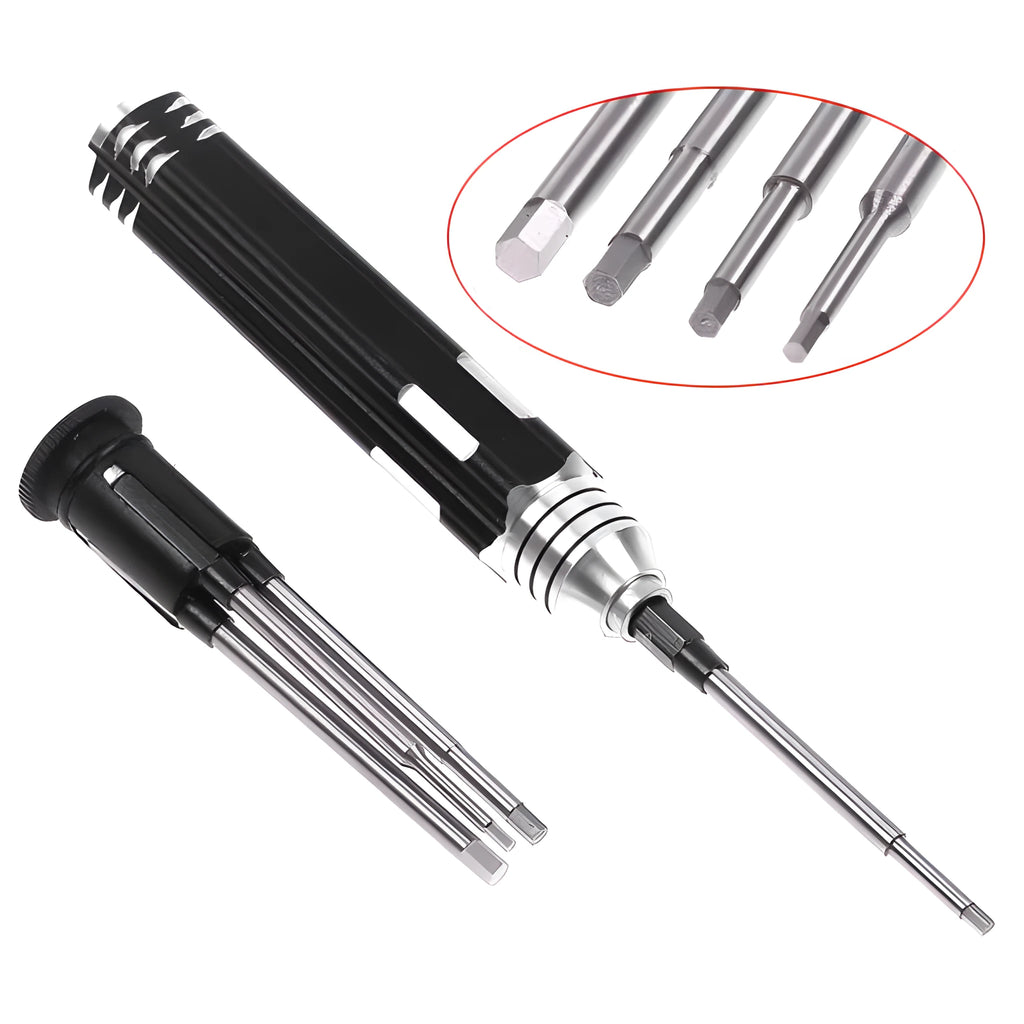 Black aluminium handle hex screwdriver with four white steel bits: 1.5mm, 2.0mm, 2.5mm, 3.0mm