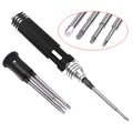 Black aluminium handle hex screwdriver with four white steel bits: 1.5mm, 2.0mm, 2.5mm, 3.0mm