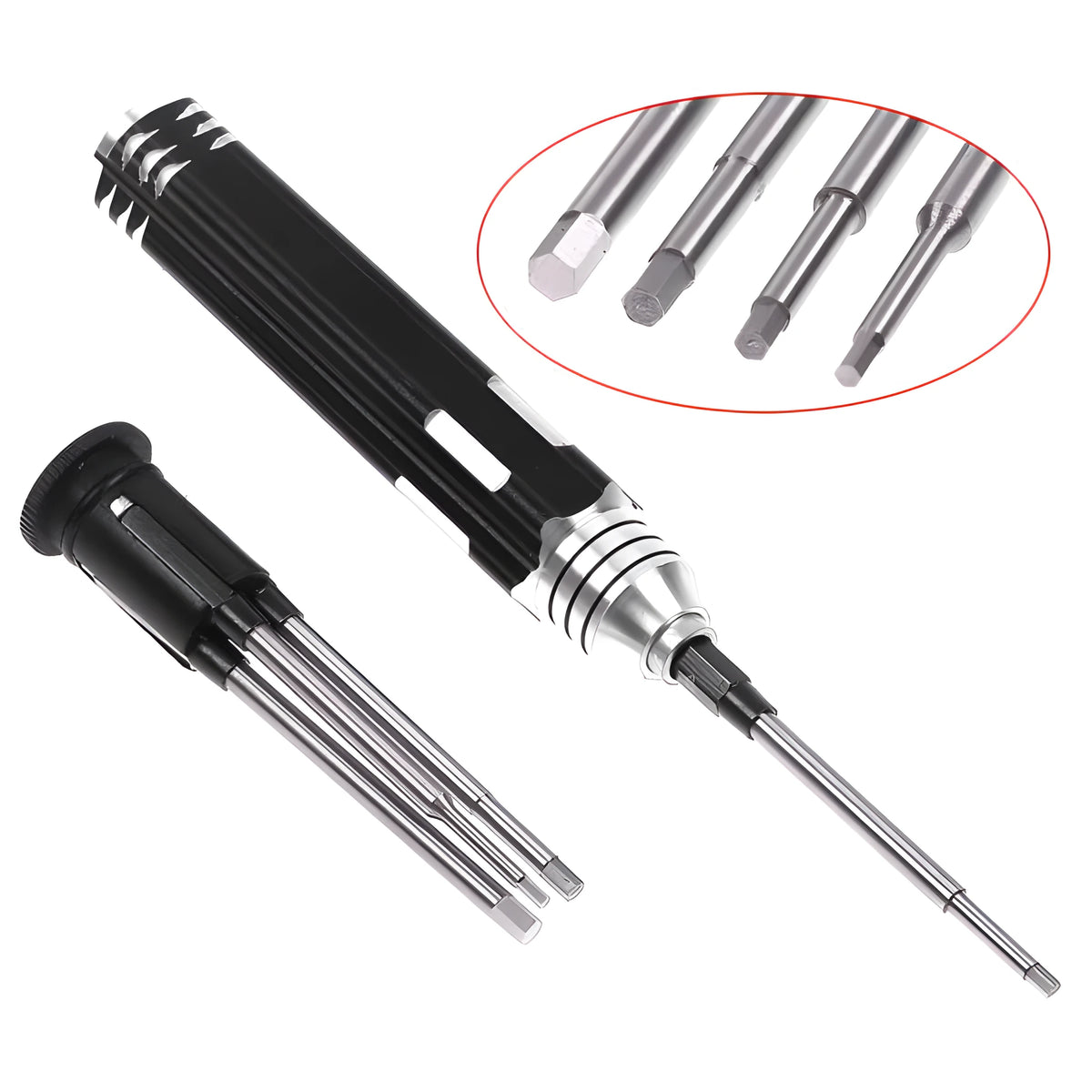 Black aluminium handle hex screwdriver with four white steel bits: 1.5mm, 2.0mm, 2.5mm, 3.0mm